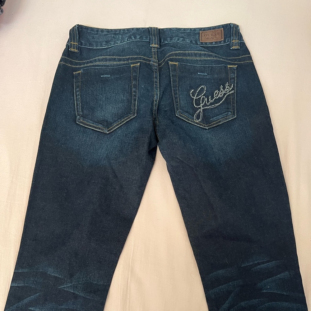 Guess Women’s Straight Jeans in Dark Blue Denim with Embroidered Back Logo
